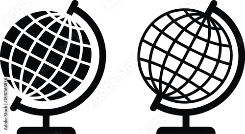 Two globe icons in flat design, one filled and one outlined, showcasing a grid-like world map projection