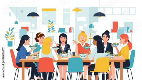 Diverse group of women enjoying lunch together at a modern office cafeteria teamwork and social gathering concept flat vector illustrat