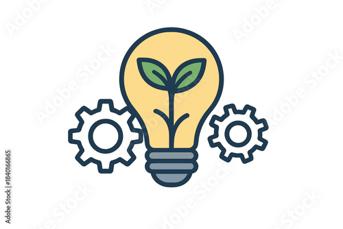 Lightbulb with plant sprout and gears symbolizing sustainable green energy innovation