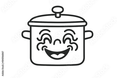 Funny cartoon cooking pot character mascot with a wide laughing smile and steam rising from the lid