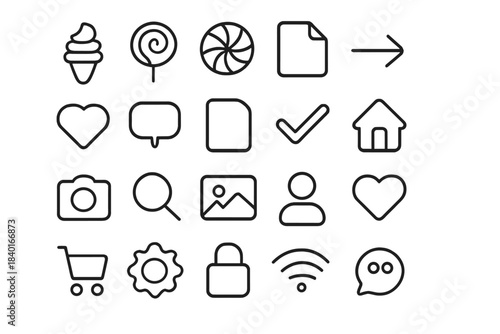 Minimalist line icons set for web and mobile applications covering social media, navigation, and e-commerce