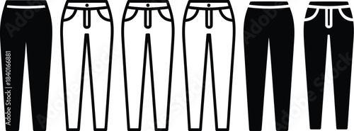 Vector illustrations depicting a versatile collection of modern pants and trousers, showcasing a clear progression of distinct designs and outlines for fashion and apparel concepts