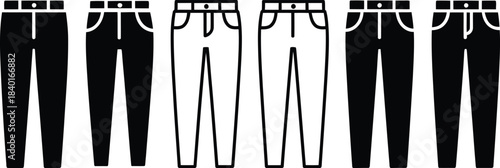 Collection of black and white vector icons representing different styles of pants or trousers on a white background