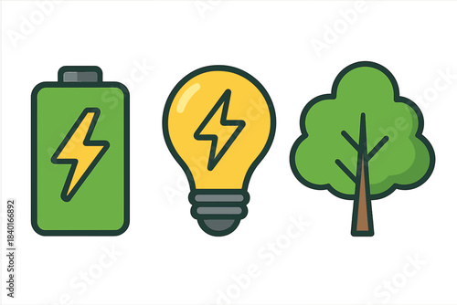 Green energy battery, light bulb, and tree symbols for sustainable power and ecology