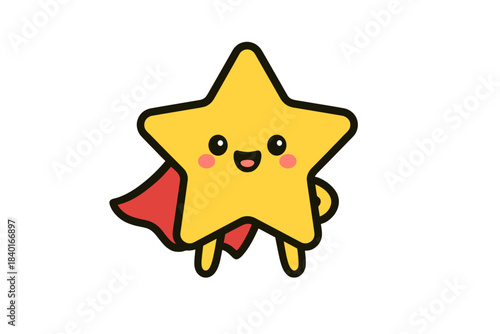Cute yellow star character wearing a red superhero cape and smiling happily