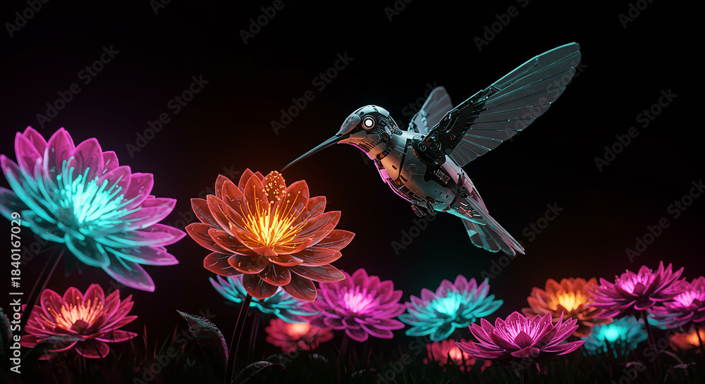 Fototapeta premium Futuristic Robotic Hummingbird Hovering Over Glowing Neon Flowers
