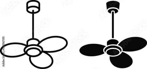 Modern ceiling fan graphic in dual vector styles, featuring a sleek outline illustration and a prominent solid black silhouette, ideal for design projects
