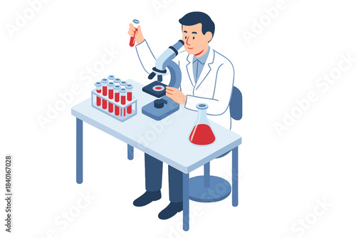 Scientist examining samples under microscope and holding test tube in medical research laboratory