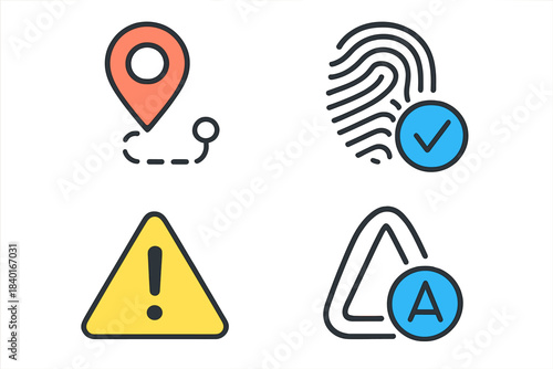 Essential line icons set for location tracking, biometric security, warning alert, and autonomous system