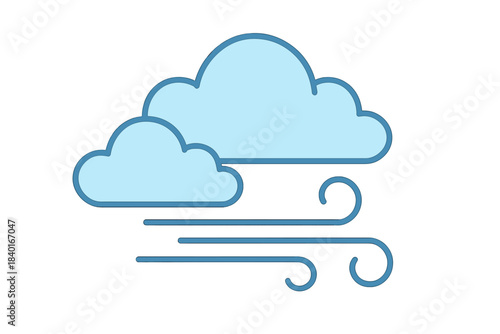 Weather forecast icon depicting two clouds and strong wind or breeze blowing across the sky