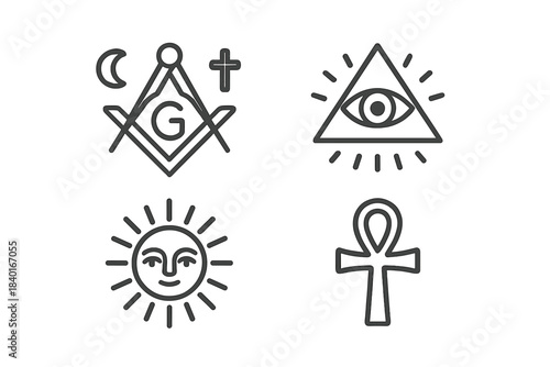 Esoteric and religious symbols set featuring the Eye of Providence, Ankh, sun, and compass
