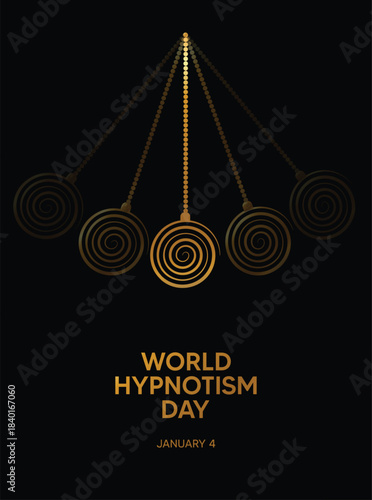 Dynamic hypnotism illustration featuring swinging circular pendulums over mysterious black background
