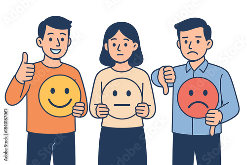 Three people showing different customer satisfaction levels with positive neutral and negative feedback