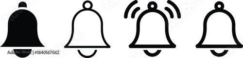 Versatile notification bell icons presented in solid black silhouettes and thin line outlines, including an active ringing bell for digital alerts, reminders, and important updates