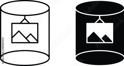 Database icons showing images within cylinders, one line art and one silhouette, representing data storage or visual information systems