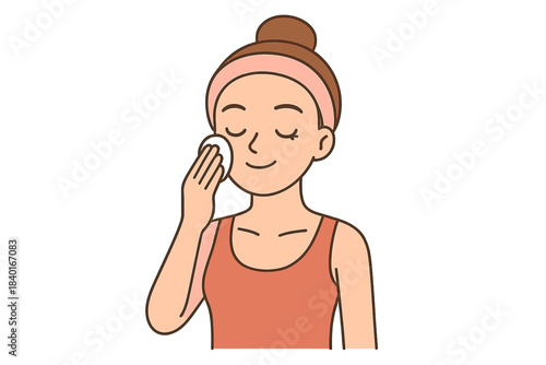 Young woman applying skincare product to her face with a cotton pad during a daily beauty routine