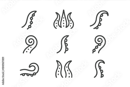 Minimalist outline icons featuring various curled and straight shapes of octopus tentacles