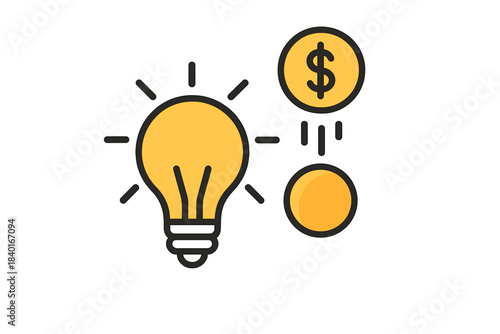 Lightbulb connected to a dollar coin symbolizing brilliant idea and monetization
