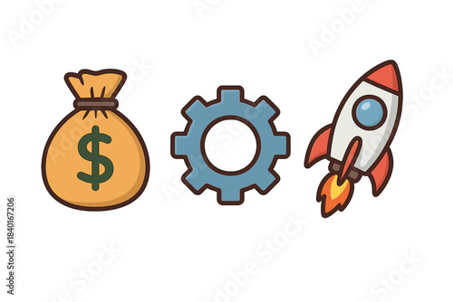 Money bag, mechanical gear, and launching rocket symbols for business startup and finance
