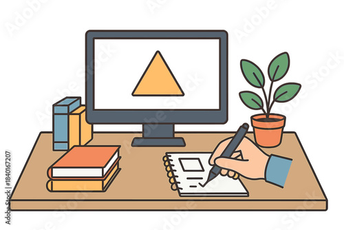 Hand writing in a notebook on a wooden desk with a computer monitor, stacked books, and a potted houseplant
