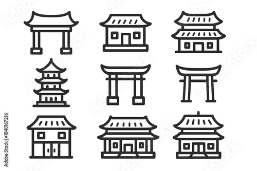Asian temples, pagodas, and traditional gates architectural landmarks set