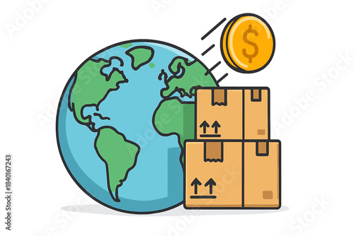 Global delivery service concept with shipping boxes, planet Earth, and flying dollar coin
