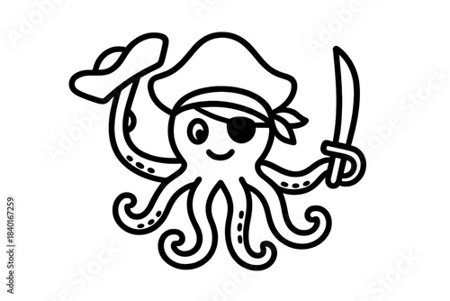 Cute cartoon octopus pirate character holding a saber and wearing an eye patch and tricorn hat