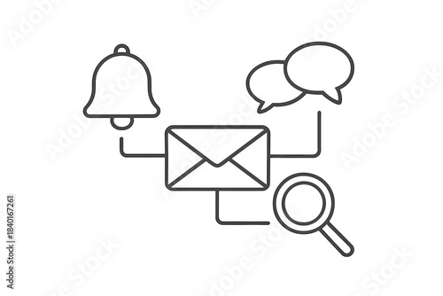 Digital communication flow connecting email, notifications, chat messages, and search functions