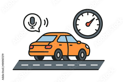 Connected vehicle driving on road with voice activated control and dashboard speedometer gauge