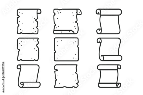 Set of antique parchment paper scrolls and damaged old document outline icons