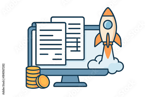 Online financial growth and startup success concept with documents, coins, and a launching rocket on a desktop screen