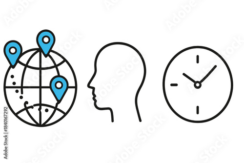 Essential business symbols for global location tracking, human resource management, and time planning