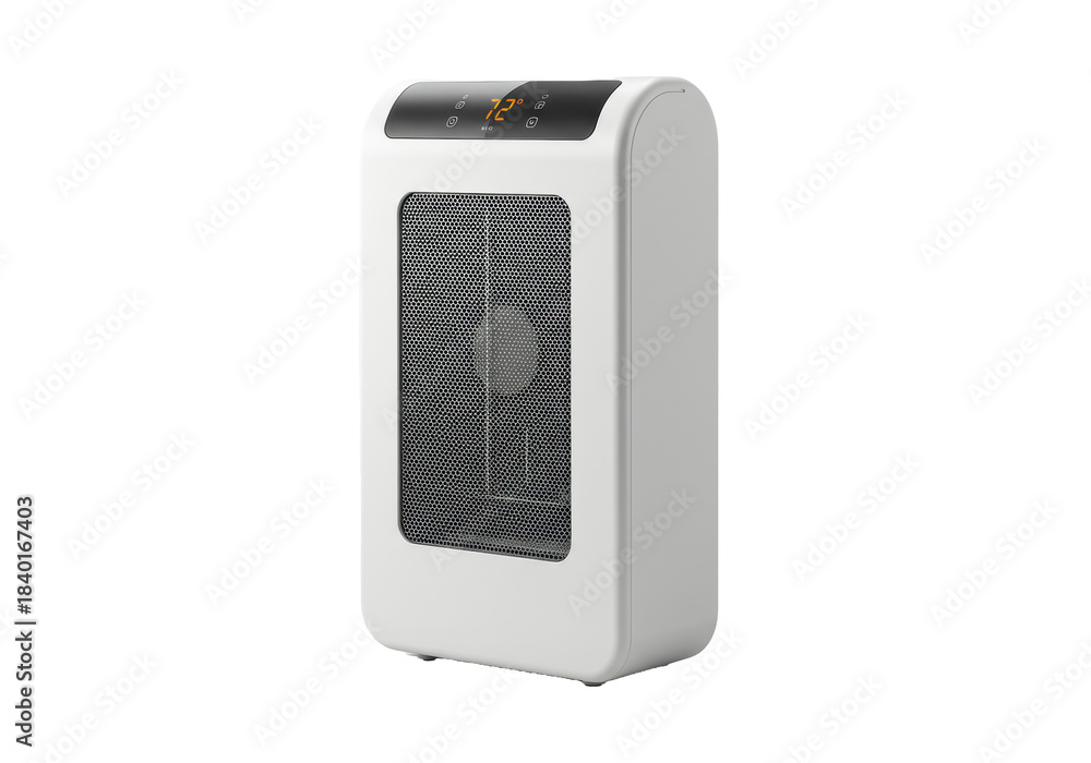 Obraz premium modern matte white electric fan heater with dark gray metal grille and subtle led display showing '72°', isolated on a transparent studio background with volumetric lighting, concept of home comfort