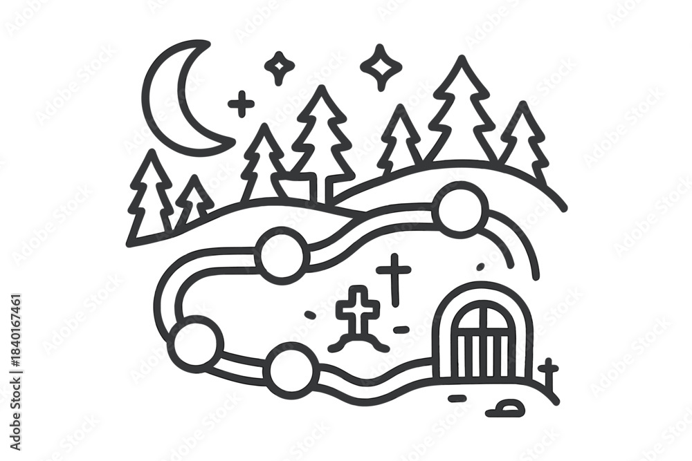 Naklejka premium Mysterious nighttime scene with forest, crescent moon, stars, path, and crypt entrance