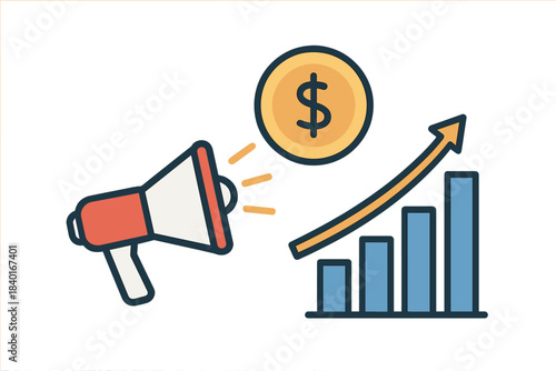 Megaphone announcing financial growth and marketing success with a rising bar chart and dollar coin