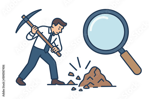 Businessman digging for discovery or research with a pickaxe and magnifying glass icon
