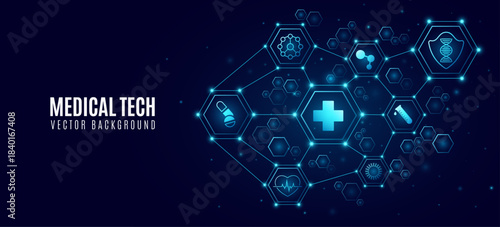 Medical hi-tech diagram featuring interconnected glowing hexagons with healthcare icons. Digital health background for medicine or scientific biotech presentation. Vector illustration.