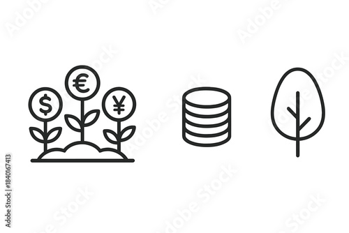 Global currency growth symbols with dollar euro yen plants, stacked coins, and a simple tree outline