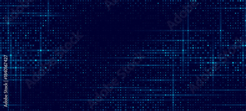 Digital glowing blue pixels for Technology background. Big data signals of dotted pattern. Abstract glittering dots for scientific backdrop or blockchain concept. Vector illustration.