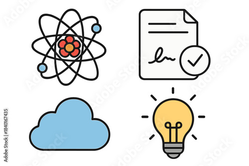 Fundamental icons for technology, innovation, and documentation featuring atom, cloud, lightbulb, and contract