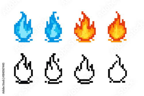 Eight pixelated fire icons including burning blue, hot orange, and simple black outline flames