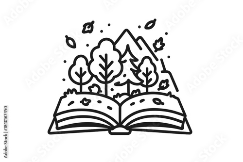 Nature scene emerging from an open book depicting a forest, mountain, and seasonal foliage