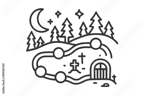 Mysterious nighttime scene with forest, crescent moon, stars, path, and crypt entrance