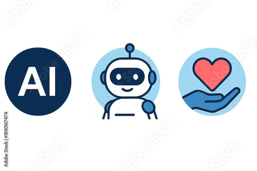 Artificial intelligence chatbot and caring heart icons representing technology and ethics