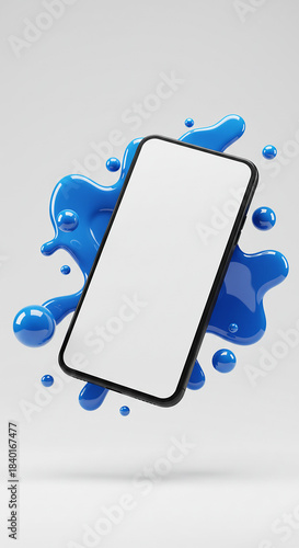 Smartphone Mockup with Blank Screen and Blue Liquid Splash 3D Illustration