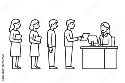 People standing in a queue waiting for service at a counter or reception desk