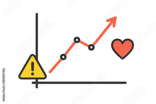 Vital signs line graph showing health status monitoring, risk assessment, heart and warning icons