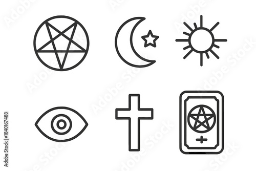 Spiritual, religious, and esoteric symbols set featuring pentagram, crescent, sun, eye, and cross