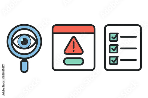 Digital interface icons for security monitoring, critical alerts, and successful task completion