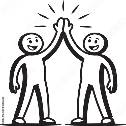 Two happy smiling stick figures highfiving enthusiastically to symbolize teamwork and successful collaboration